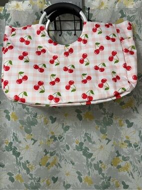 Cherry Print Circle Handle Tote Bag - Pink & Red